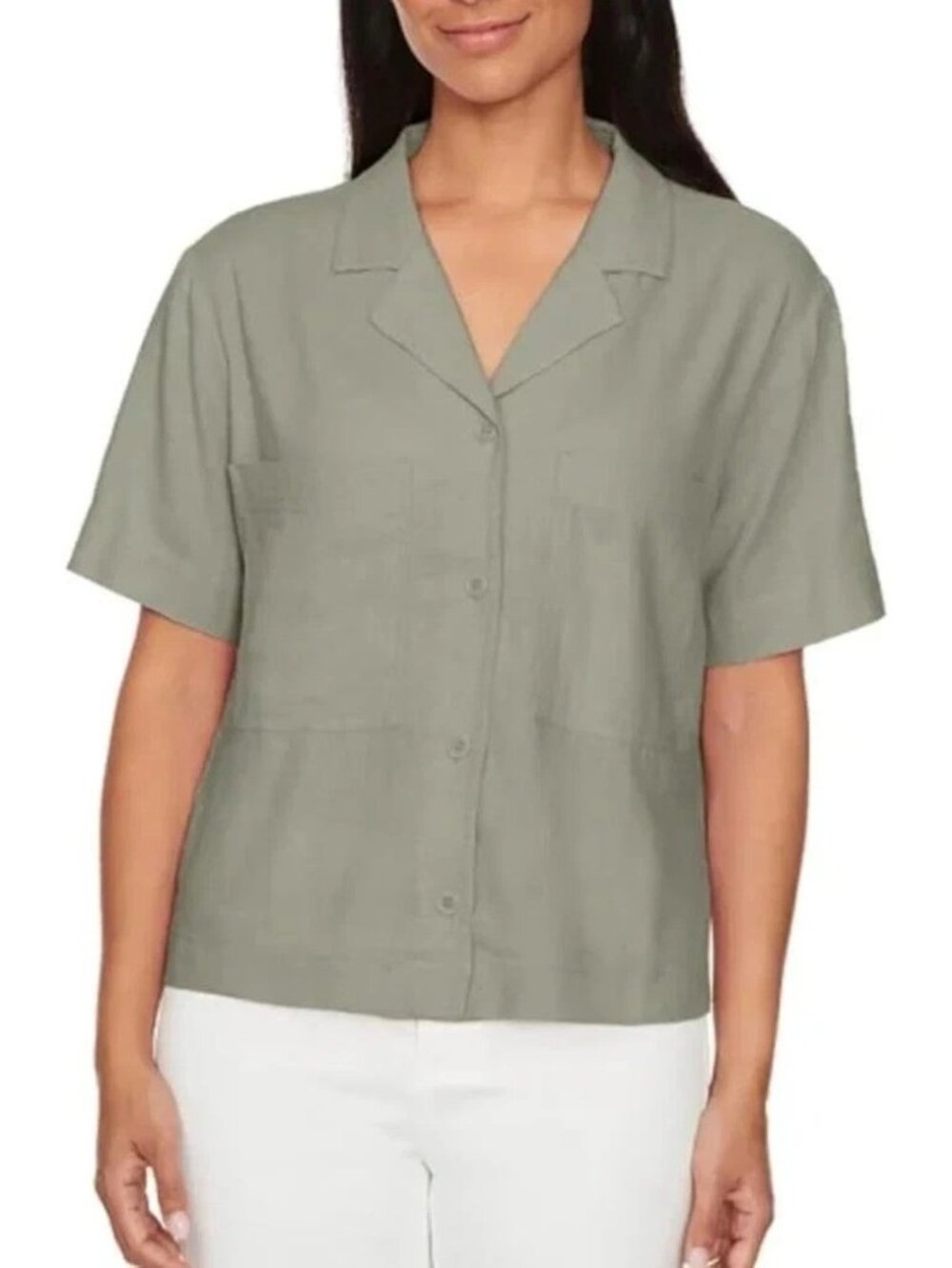 NWT Buffalo David Bitton Linen Women's XXL Green Blend Top Short Sleeve Utility